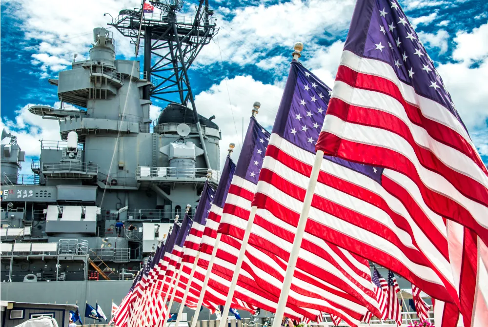American flags in front of USS Missouri​