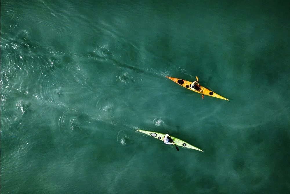 arial view of two people kayaking