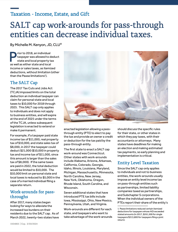 SALT cap work-arounds for pass-through entities can decrease individual taxes