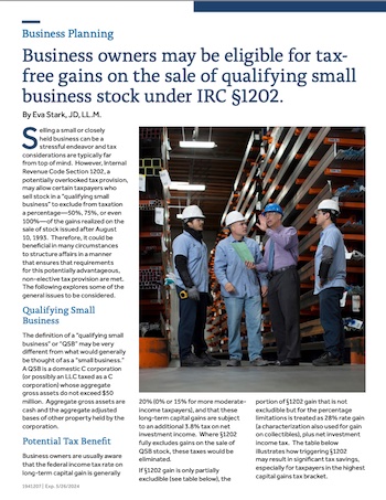 Business owners may be eligible for tax-free gains on the sale of qualifying small business stock under IRC 1202.