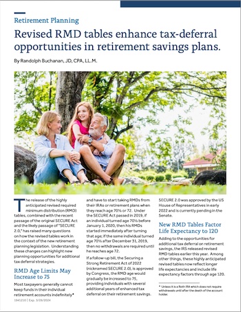 Revised RMD tables enhance tax-deferral opportunities in retirement savings plans