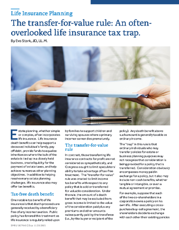 The transfer-for-value rule: An often-overlooked life insurance tax trap