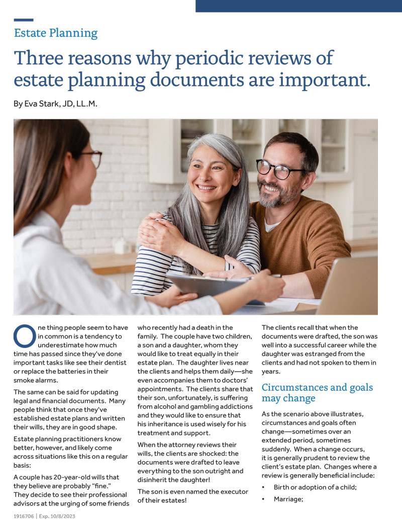 Three reasons why periodic reviews of estate planning documents are important
