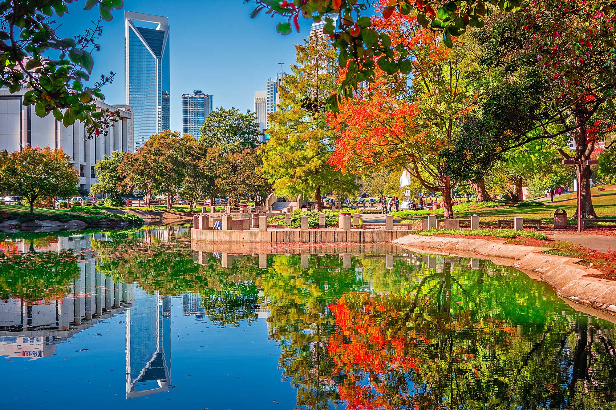 Downtown city view pond view