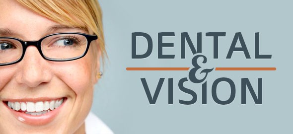 woman with glasses smiling next to the words Dental & Vision