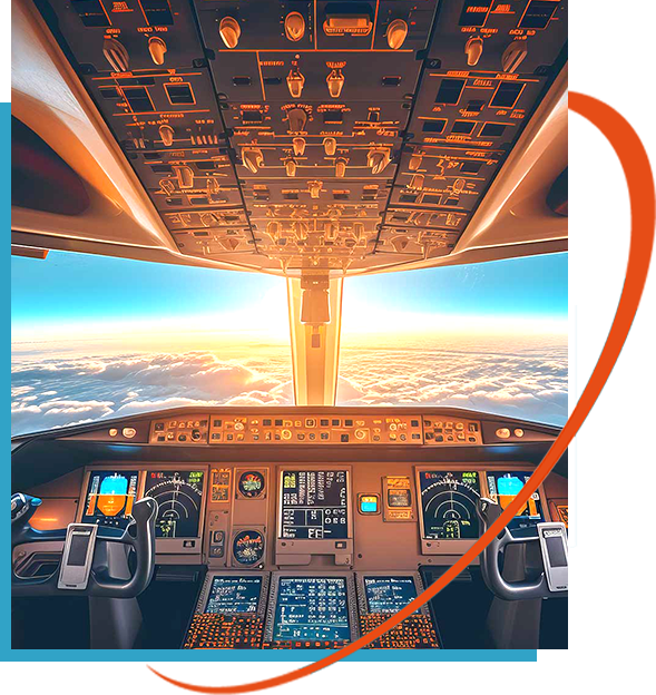 Civil airplane pilot in flight deck with control panel, cockpit, cabin, dashboard, seats in daylight