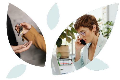 Double Leaf Collage featuring image of transition of keys and business woman making a phone call in office