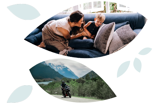Leaf collage of images with mother and child playing on couch and a motorcyclist riding through mountains