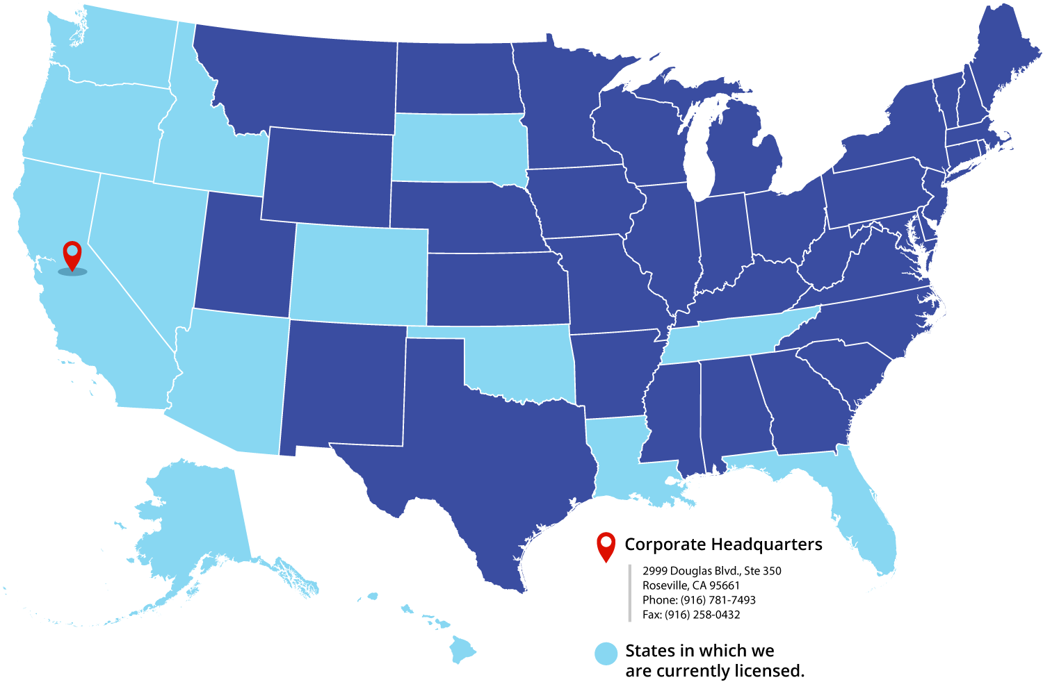 map of the U.S. showing states licensed in & headquarters