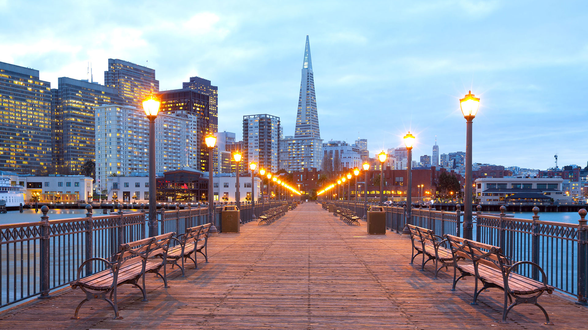 urban bridge with benches skyline
