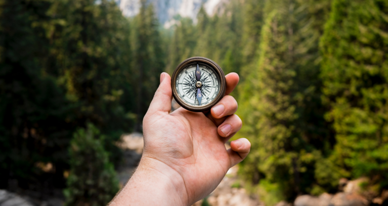Hand holding up compass with green trees in the distance