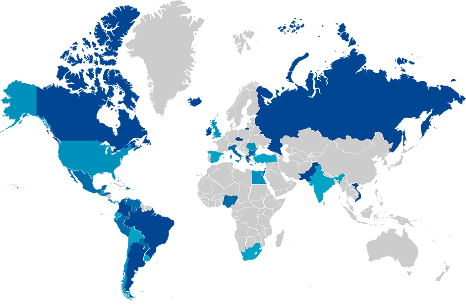world map Shades of blue = Client's home countries