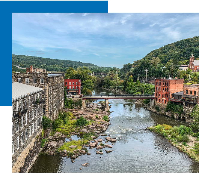 view of the Mohawk River and the historic district of Little Falls, New York.