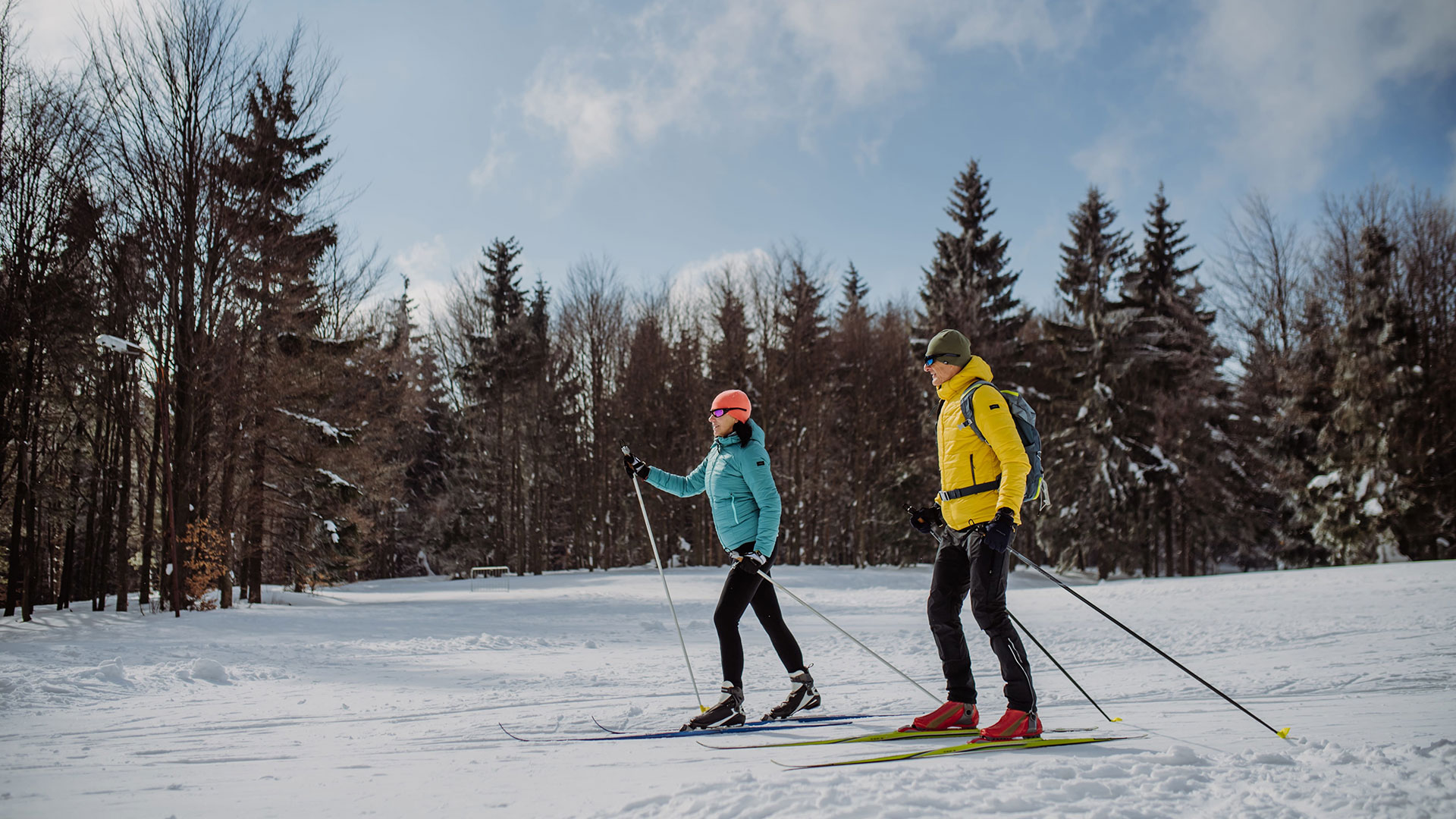 A man and a woman skiing on a snowy trail near a forest.