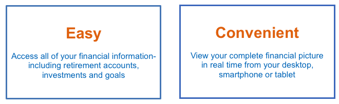 Easy - Access all of you financial information - including retirement accounts, investments and goals. Convenient. View your complete financial picture in real time from your desktop, smarphone or tablet