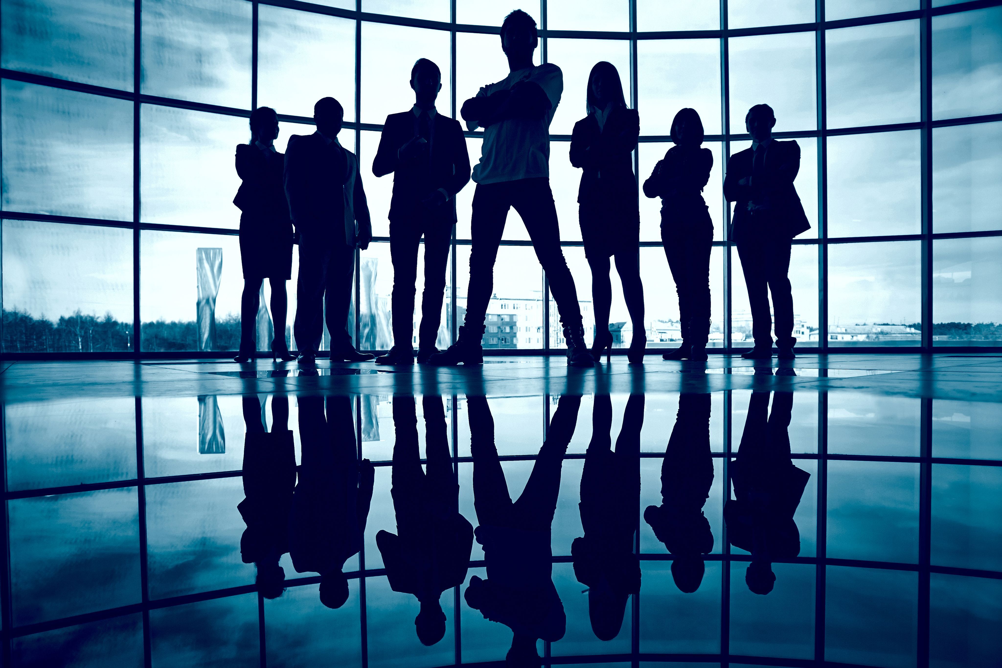 Group of professionals standing in front of windows