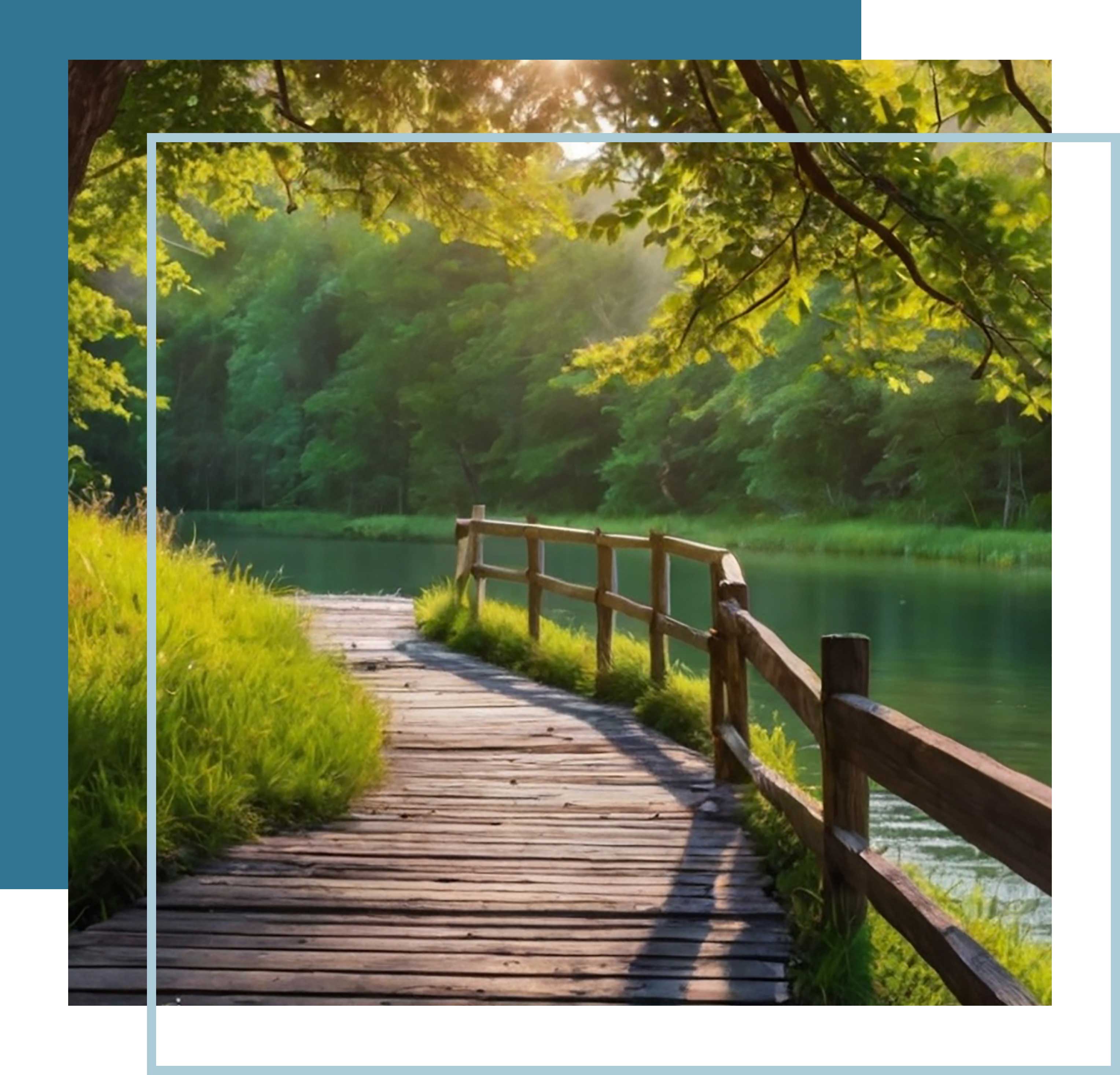 a wooden walkway near a river