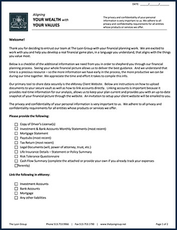 Data and Document Checklist for Planning