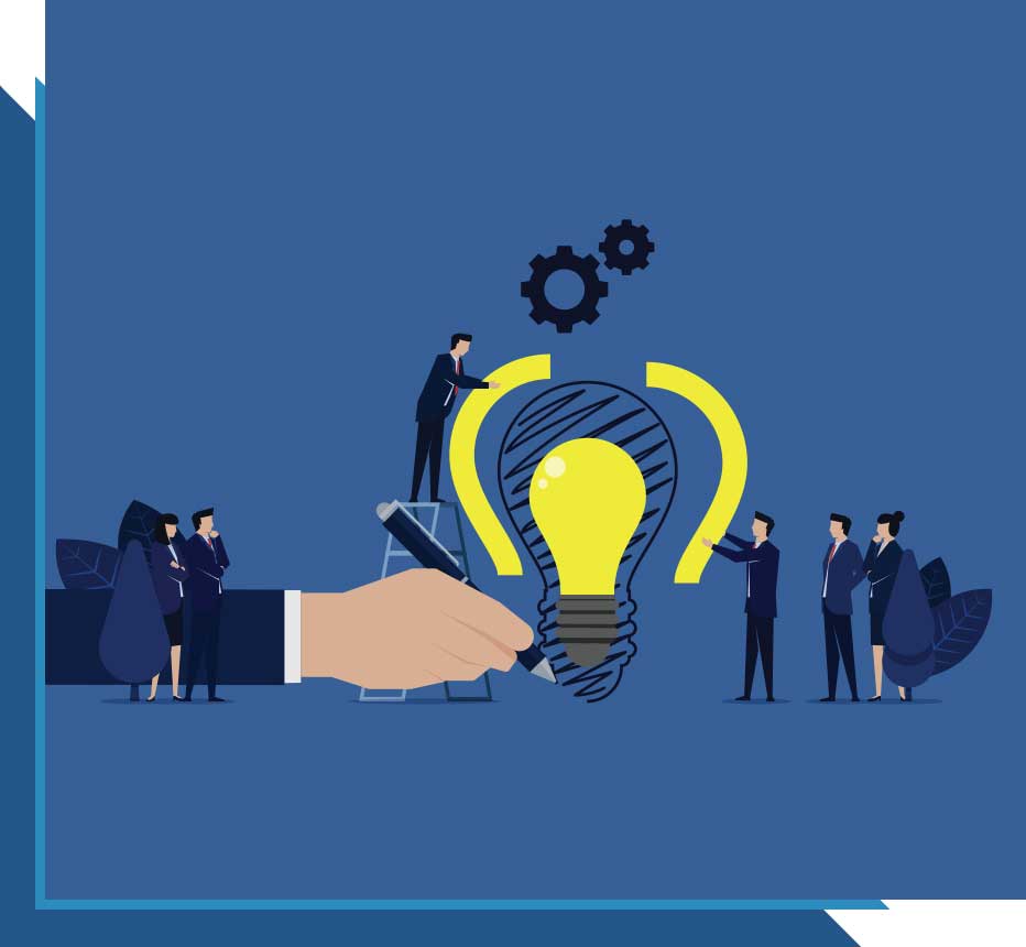 Illustration of business team collaborating around a large lightbulb idea with gears above.