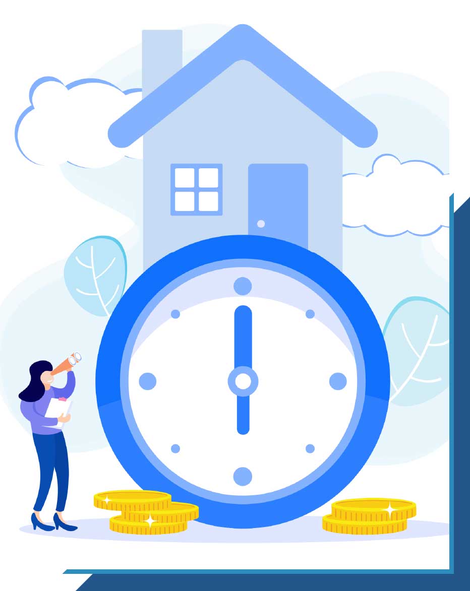 Illustration of a house and clock with coins, symbolizing timely financial planning.