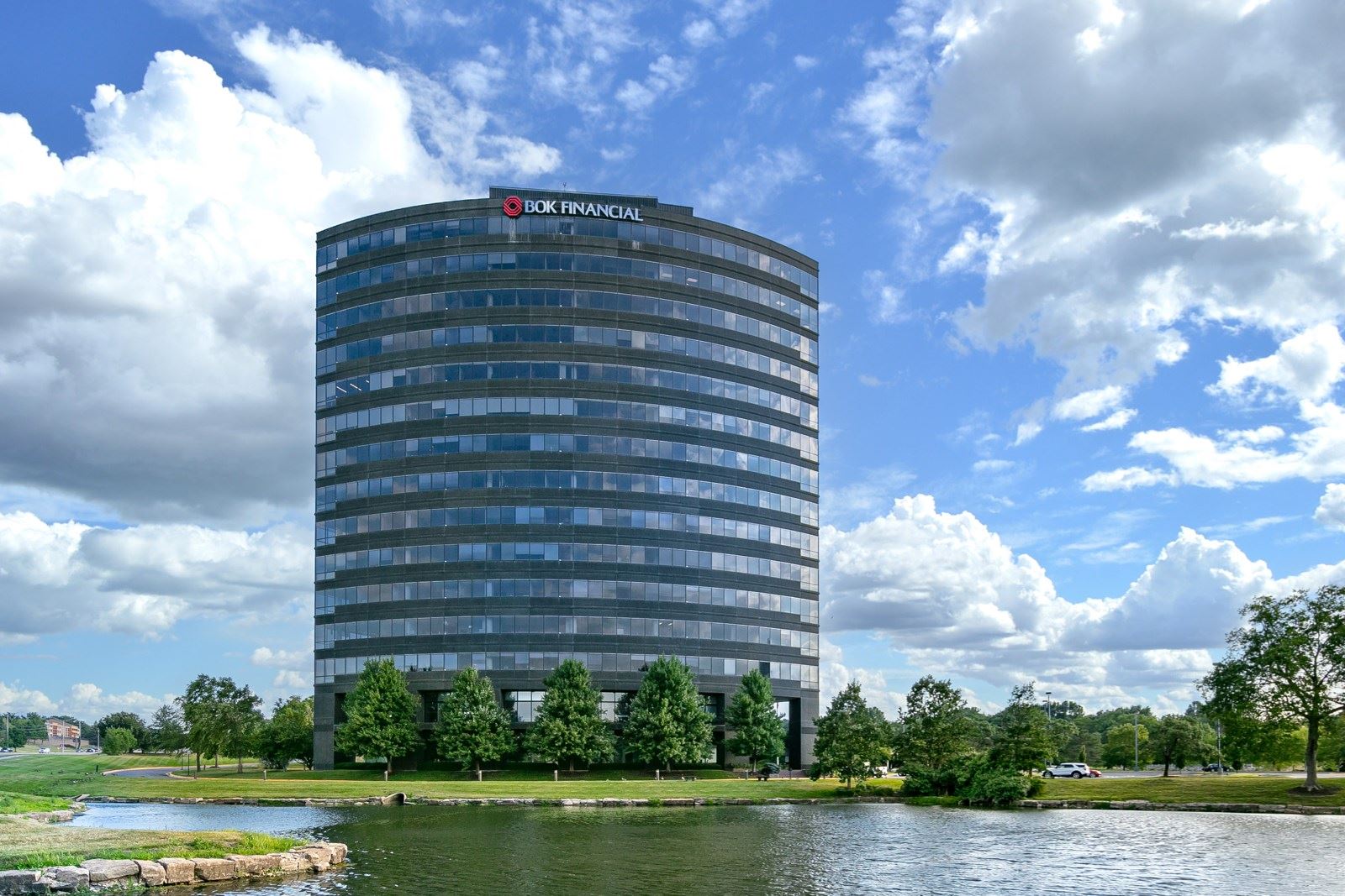 Exterior building BOK Financial blue sky