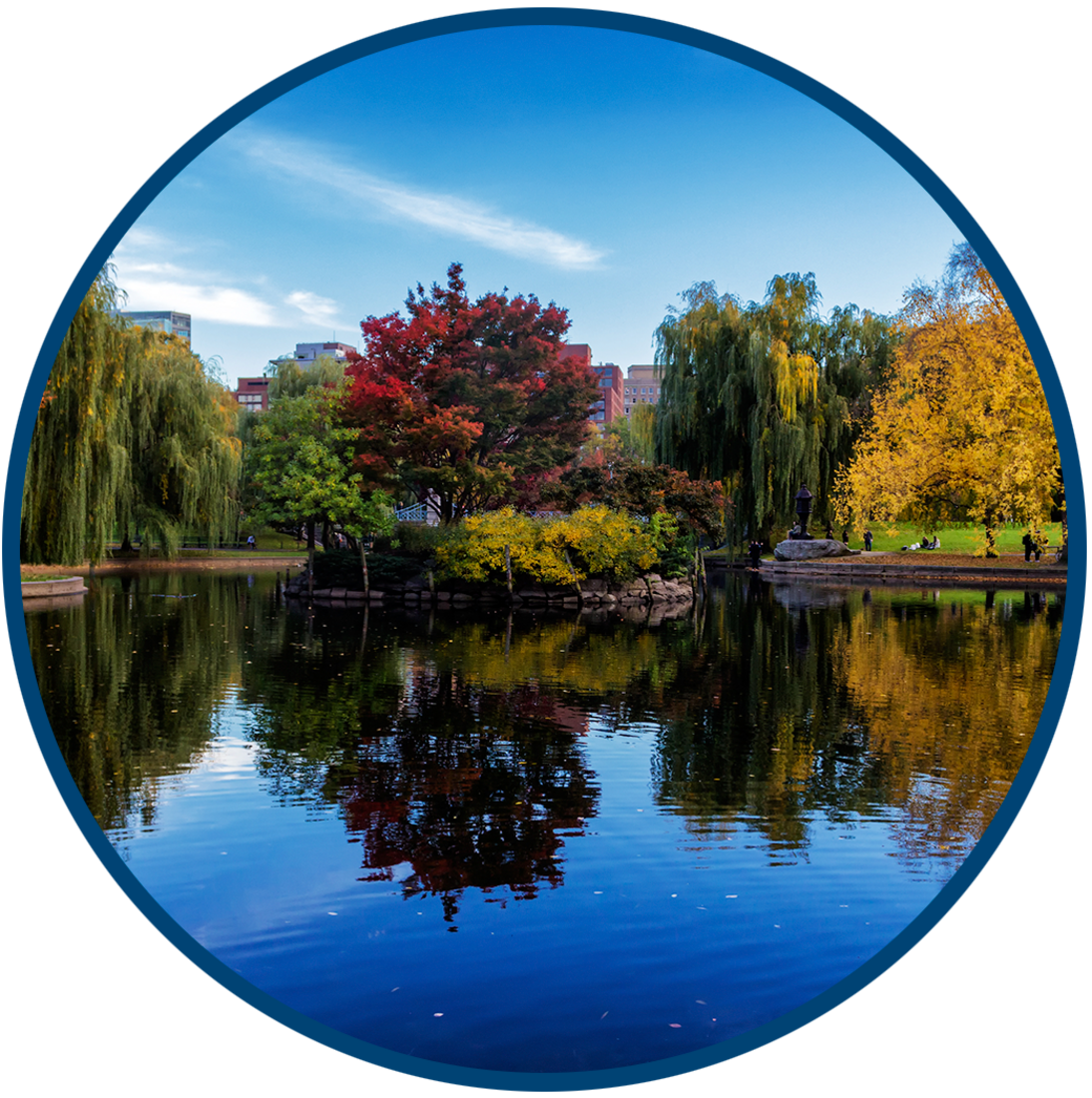 Circular image of Boston Public Garden in autumn, with colorful trees reflected in the pond and city buildings in the background.