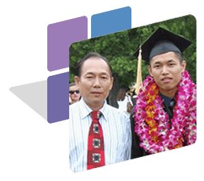 father and son graduation with flowers