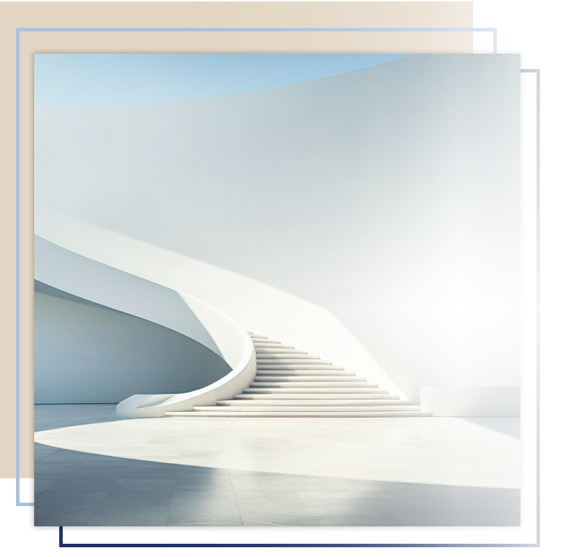 A modern, minimalist staircase curving upward within a bright white architectural space bathed in natural light