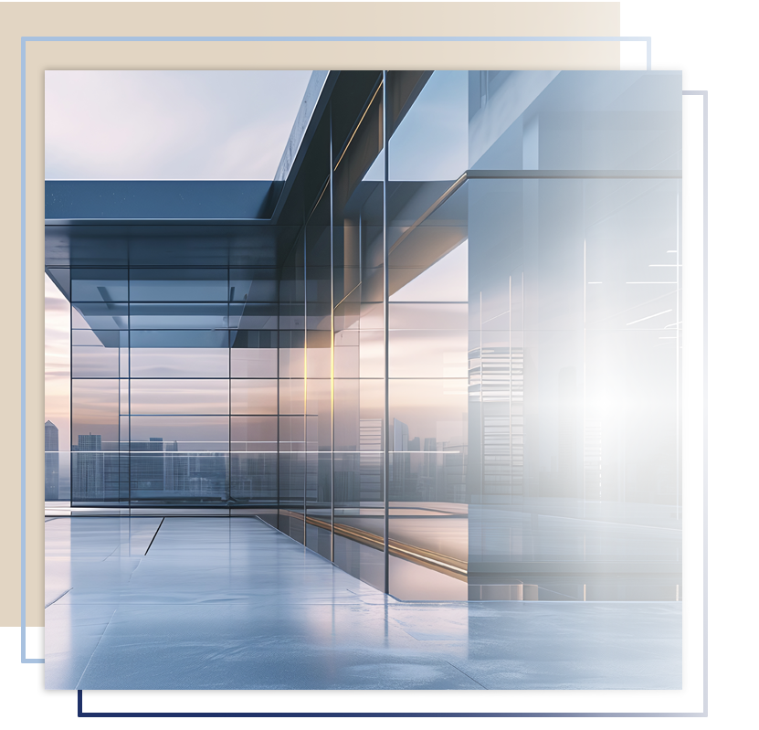 Modern glass building reflecting a city skyline at sunrise, showcasing sleek architecture and open space