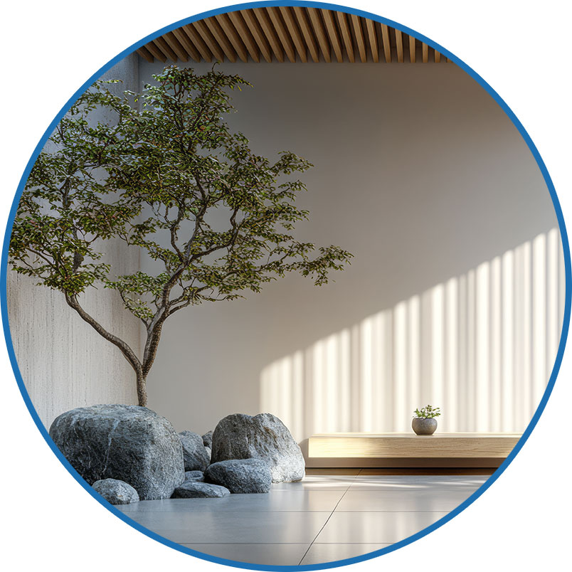 A serene minimalist interior with a small tree, stones, and soft sunlight casting shadows on the wall.