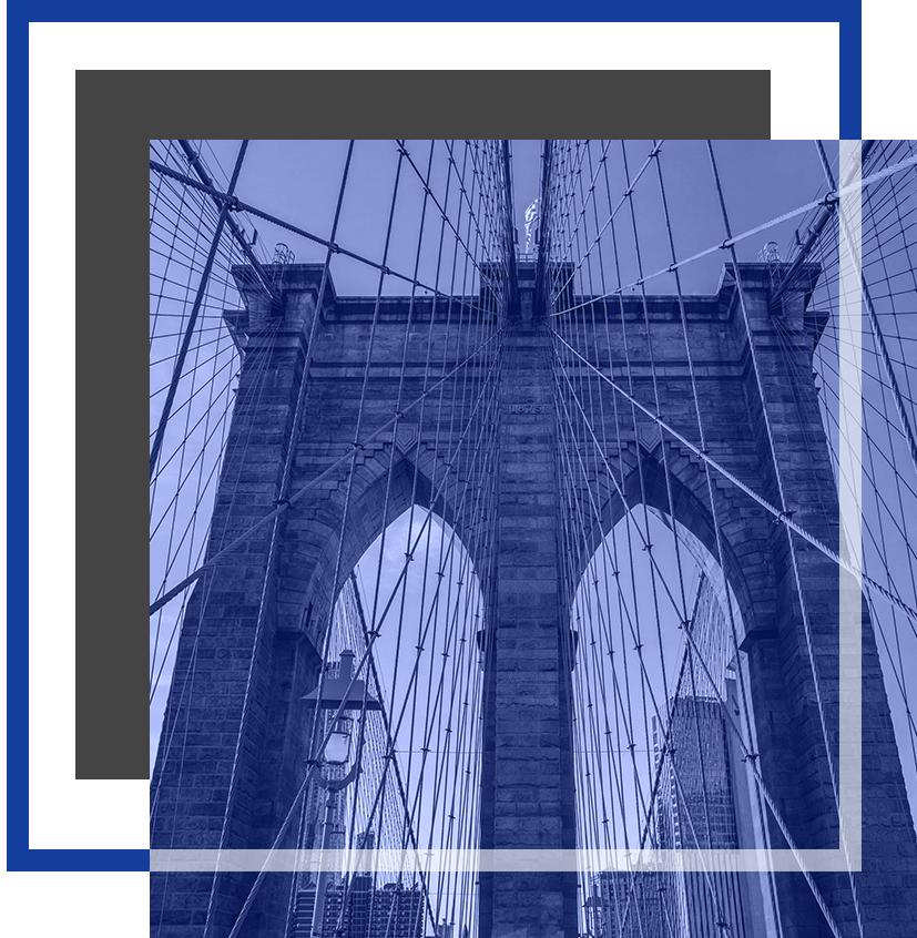 Stylized image of the Brooklyn Bridge framed with overlapping blue and gray borders, emphasizing its soaring arches and intricate web of suspension cables.