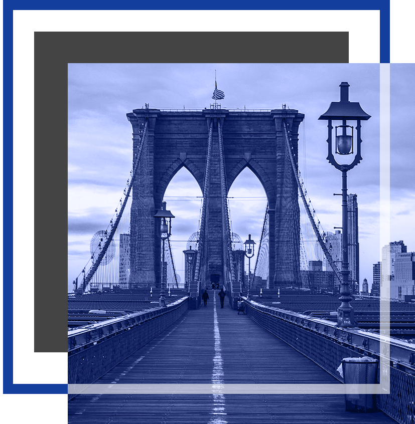 A stylized view of the Brooklyn Bridge pedestrian walkway, with a dramatic perspective framed by layered blue, gray, and white borders.