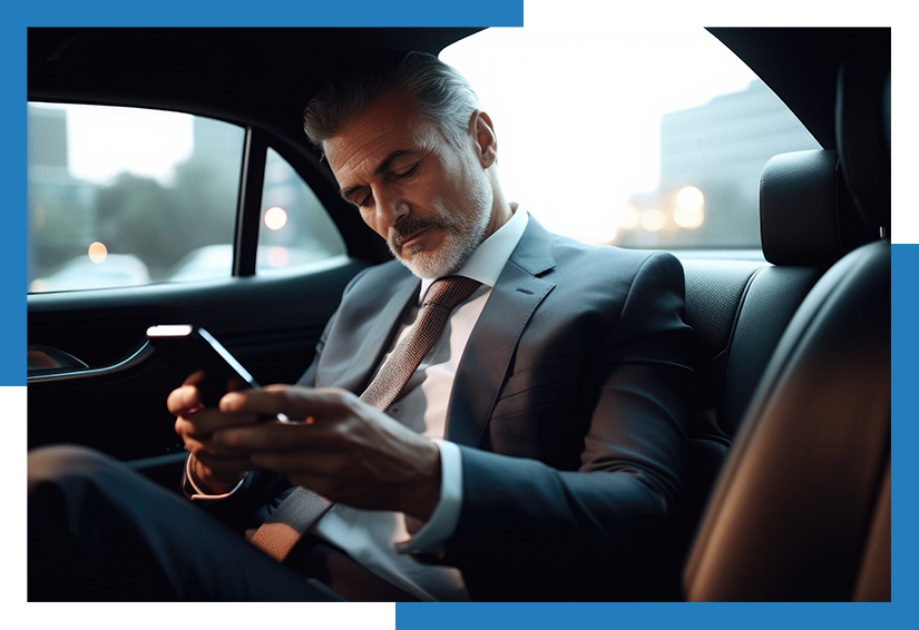 Executive businessman sitting in car with mobile phone.