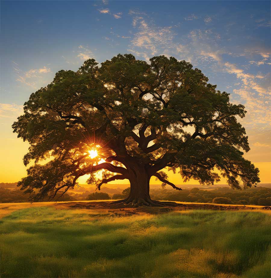 Sunlight filters through the branches of a large oak tree standing in a peaceful open field at sunset.