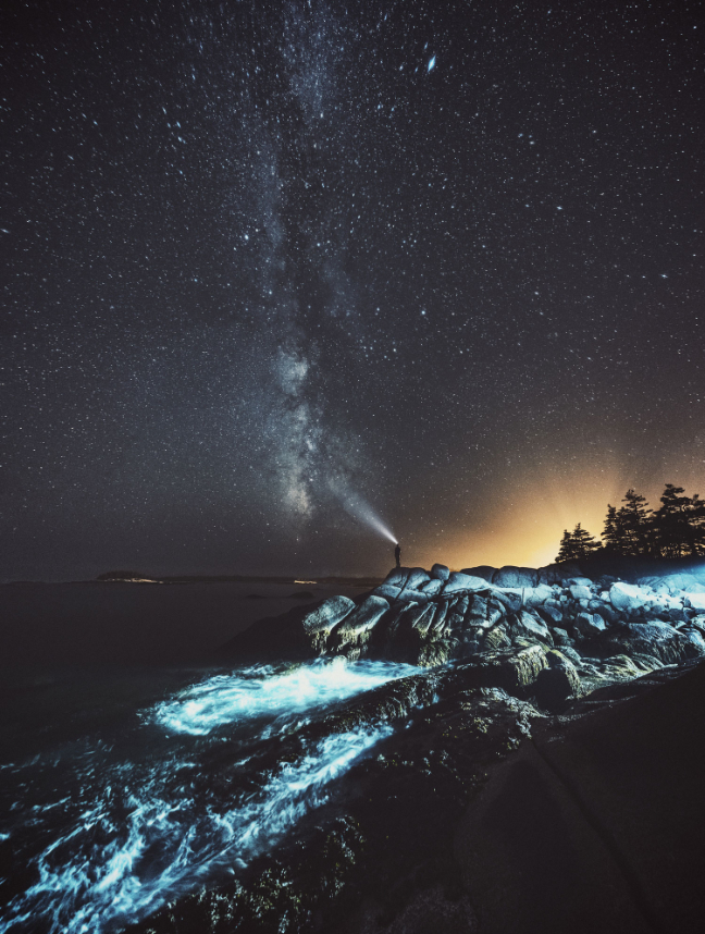 starry night cliffs lighthouse beam