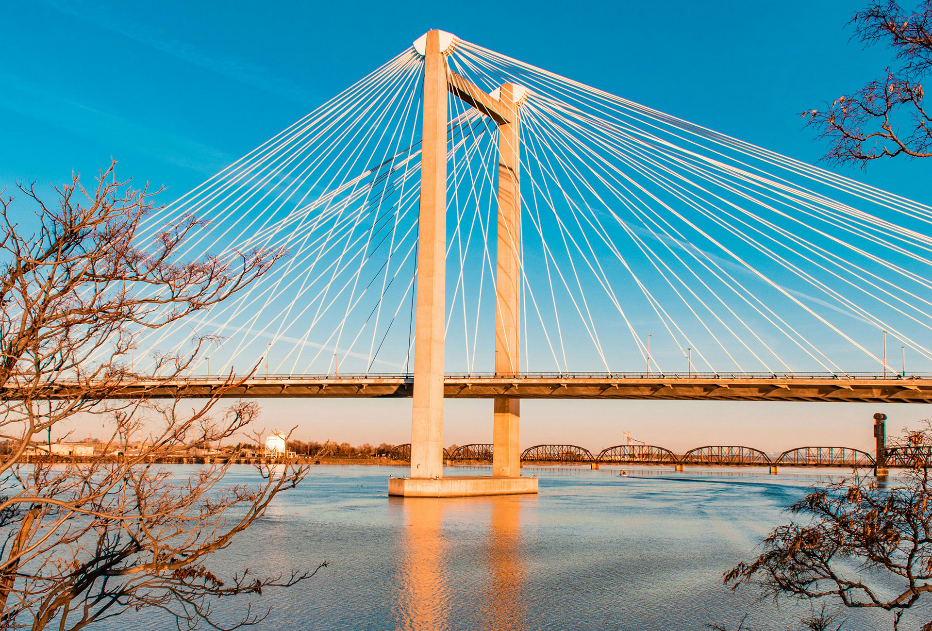 A cable-stayed bridge spanning a river at sunset, with bare tree branches in the foreground and a steel truss bridge in the distance.