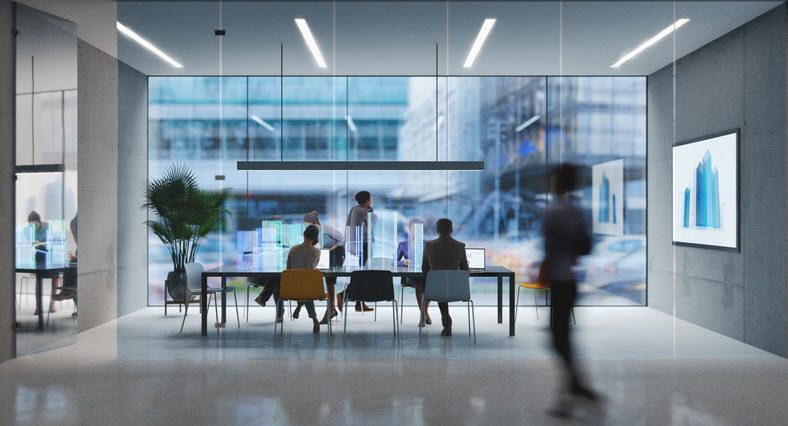 modern futuristic workplace conference table with people