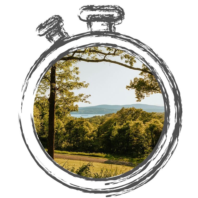 A scenic view framed by trees, overlooking a lake and surrounding hills under a clear sky.