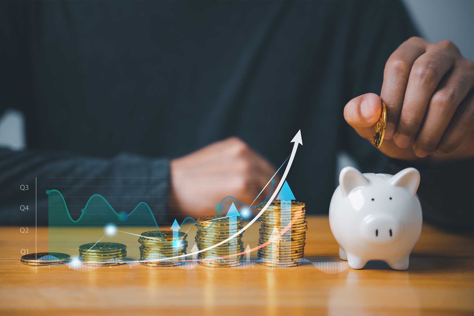 Investment strategy - businessman hand putting coins in a piggy bank with a background of stock market charts and graphs. Saving for future growth and financial security.