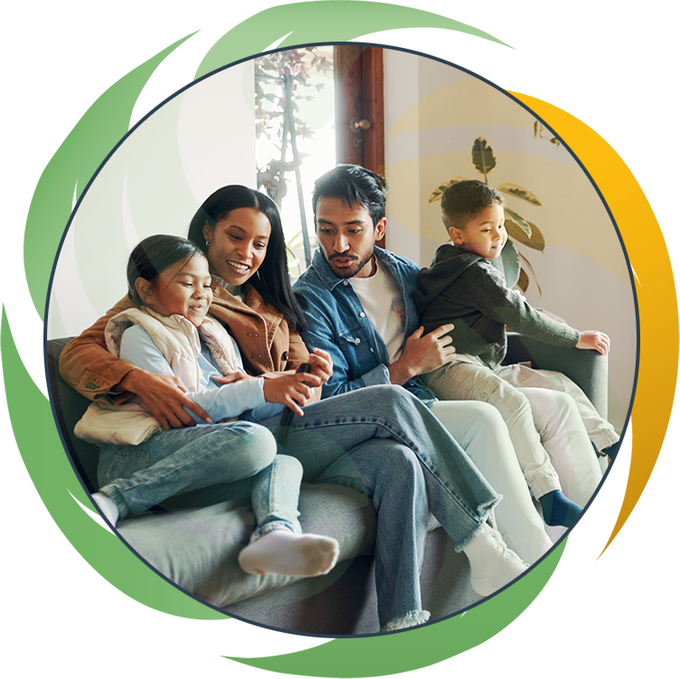 Relax, watching tv and love with family on sofa for bonding, show and streaming. Movie, happiness and connection with parents and children in living room of home for support, smile or film together