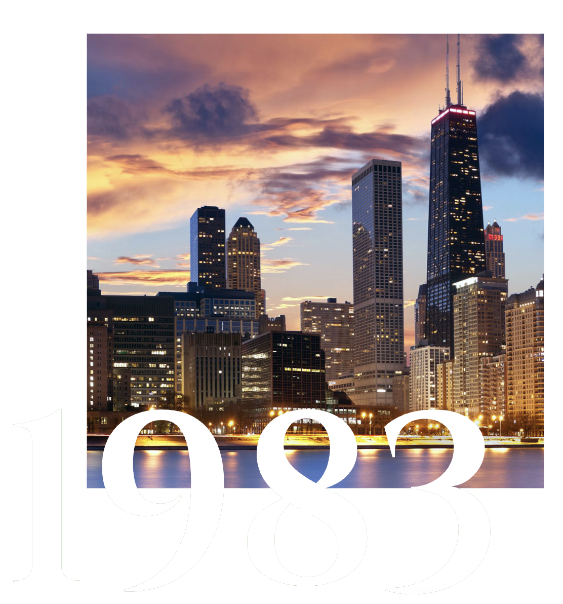 Chicago skyline at sunset in front of large “1983” text, featuring the John Hancock Center and Lake Michigan waterfront.