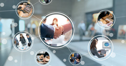 Diagram of business images: handshakes, open laptop, meeting, hands using calculator, hands drawing charts