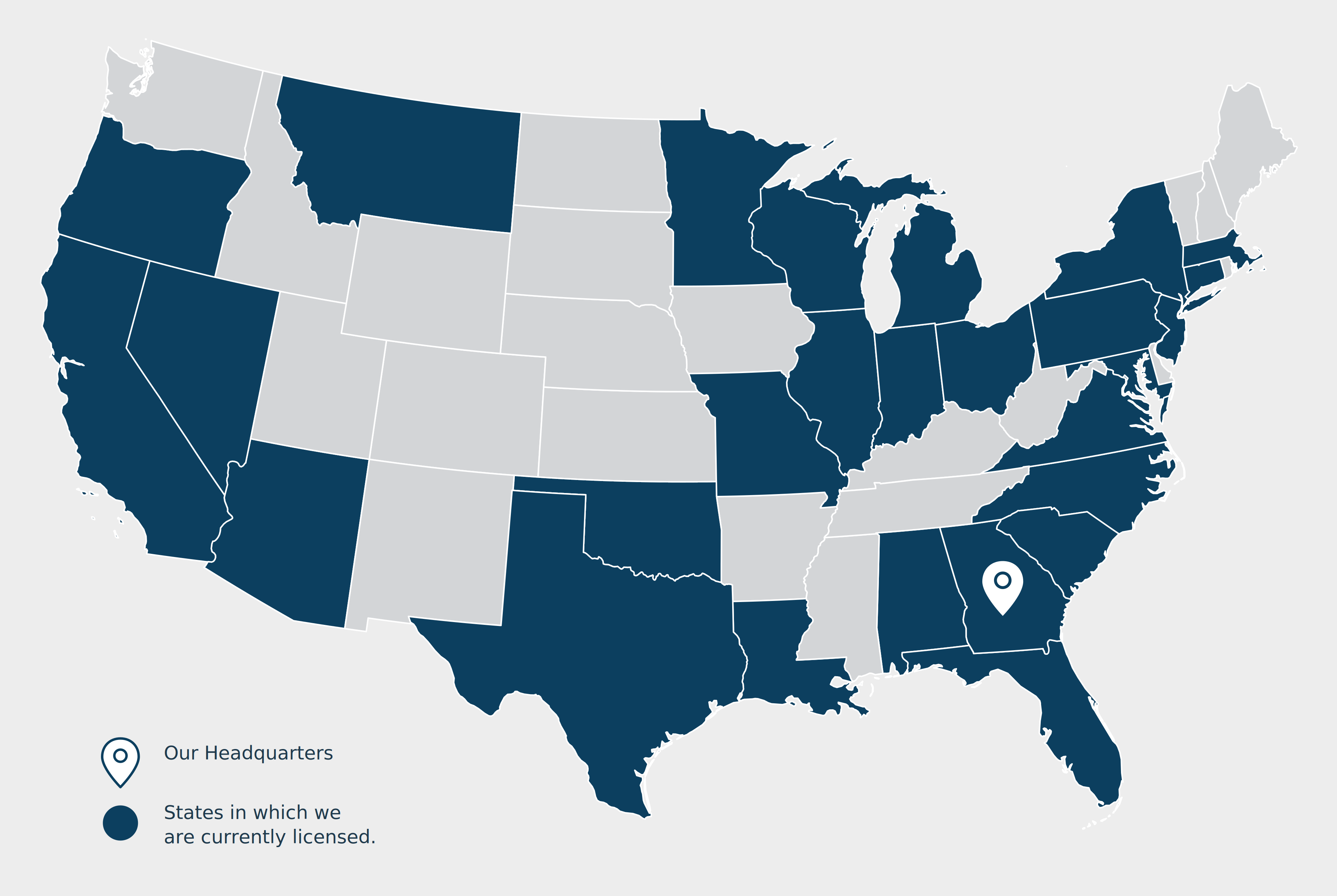 Map of the United States highlighting the states where Jones & Co is currently licensed, with headquarters in Georgia