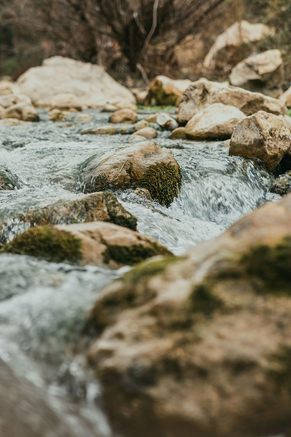 A stream flows over rocks with patches of moss