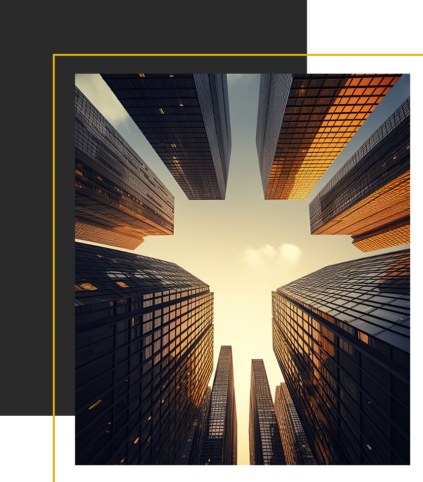 Tall glass skyscrapers reflecting golden light as the sun sets between them