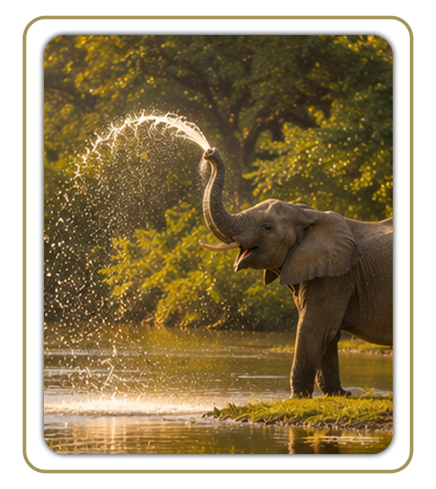 An elephant stands at the edge of a body of water and sprays an arc of water from its raised trunk, with green trees in the background.