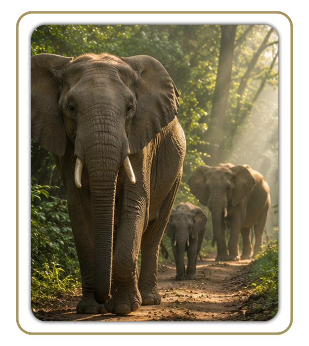 A group of elephants, led by a large adult with tusks, walks along a dirt path through a sunlit forest with rays of light filtering through the trees.