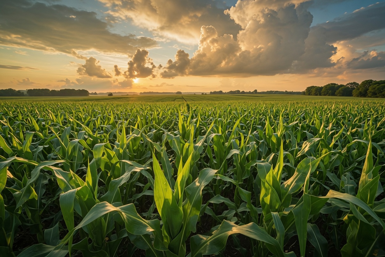Green Corn field at sunset, Representing growth, time for harvest purpose