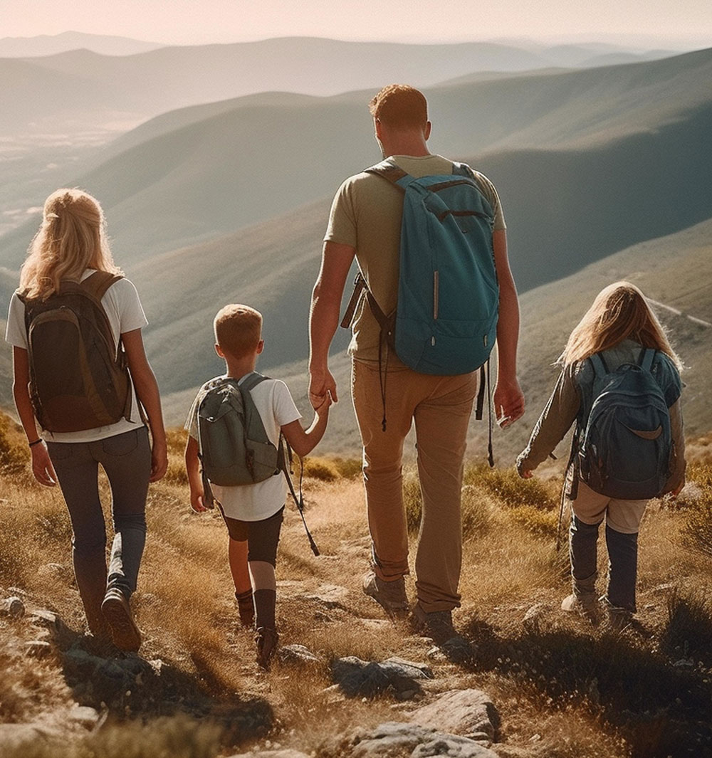 A family hiking together along a mountain trail, wearing backpacks and overlooking a scenic landscape.