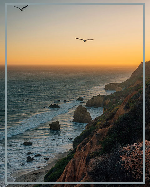 Seabirds glide above rugged coastal cliffs as waves roll in beneath a glowing sunset sky.